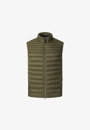 Oliven grøn polstret vest med høj krave, fuld frontlynlås og horisontale syninger. Har sidelommer og letvægtsstof.