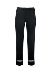 Pantalons noirs avec une taille élastique, coupe droite et motif argent décoratif à l'ourlet. Tissu lisse et léger.