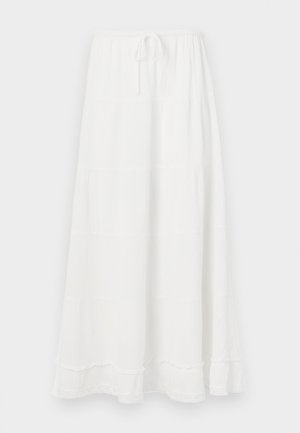 Fehér, réteges maxi szoknya, elasztikus derékrésszel és húzózsinórral, texturált anyaggal és csipke díszítéssel az alján.