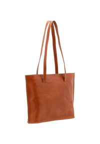Bruine leren tote bag met een gladde textuur, rechthoekige vorm, dubbele handvatten en subtiele stiksels. Minimalistisch ontwerp zonder versieringen.