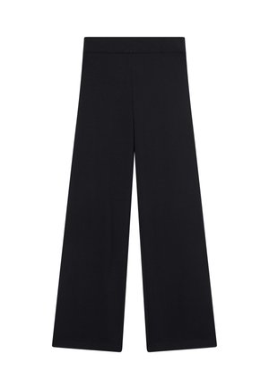 Zwarte wijde broek van zachte stof, met een hoge tailleband en een gladde textuur, zonder zichtbare patronen of versieringen.