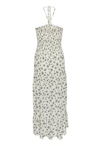 Rochie maxi cu imprimeu floral, crem, cu bretele subțiri ajustabile și un corset plisat, având o margine evazată și textură strânsă.