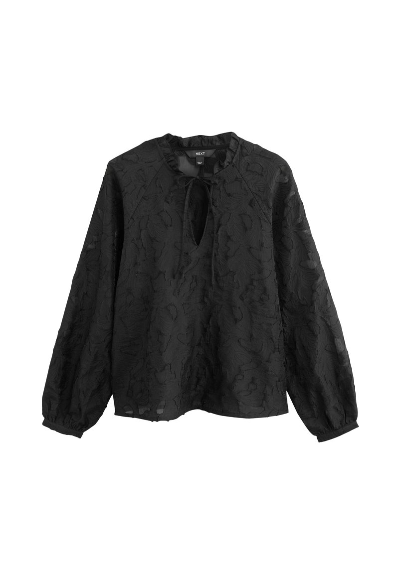 Bluză neagră cu mâneci lungi, cu un model floral texturat, decolteu în formă de cheie și detaliu cu fundă la guler.