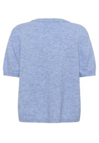 Sweter z krótkim rękawem w jasnoniebieskim kolorze, wykonany z miękkiego, strukturalnego materiału. Posiada okrągły dekolt oraz luźny krój, z prążkowanymi brzegami.