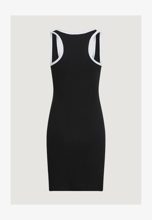 Crna uska haljina bez rukava s bijelim obrubom oko pazuha i vrata, prikazana sa stražnje strane na neutralnoj pozadini.