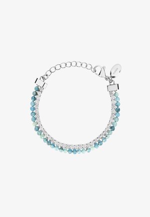 Zilveren kettingarmband met afwisselend lichtblauwe en aquamarijn-kralen, benadrukt met sprankelende heldere kristallen en een veilige sluiting.