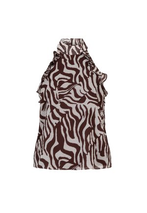 Haut sans manches à imprimé zèbre marron et blanc avec un col montant, des accents froufroutants le long des épaules et une texture de tissu léger.