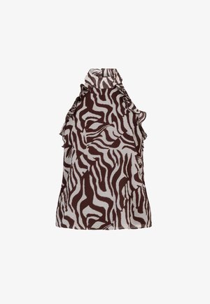 Haut sans manches à imprimé zèbre marron et blanc avec un col montant, des accents froufroutants le long des épaules et une texture de tissu léger.