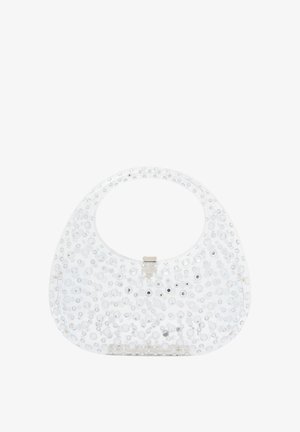 Průhledná kabelka s kulatou rukojetí, zdobená lesklými kulatými nýty, vybavená stříbrným zapínáním v přední části a hladkým povrchem.