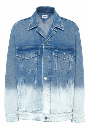 Denimjakke med en gradient fra mørkeblå øverst til lyseblå nederst. Har to brystlommer og metalknapper.
