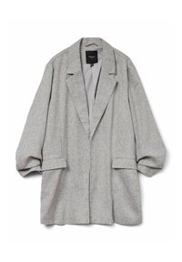 Grijze oversized blazer van textuurstof, met een reverskraag, verlengde mouwen en twee voorzakken, met een rechte snit.