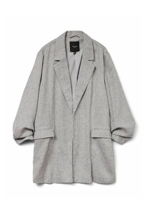 Blazer grigio oversize realizzato in tessuto testurizzato, con colletto a risvolto, maniche lunghe e due tasche frontali, dal taglio dritto.