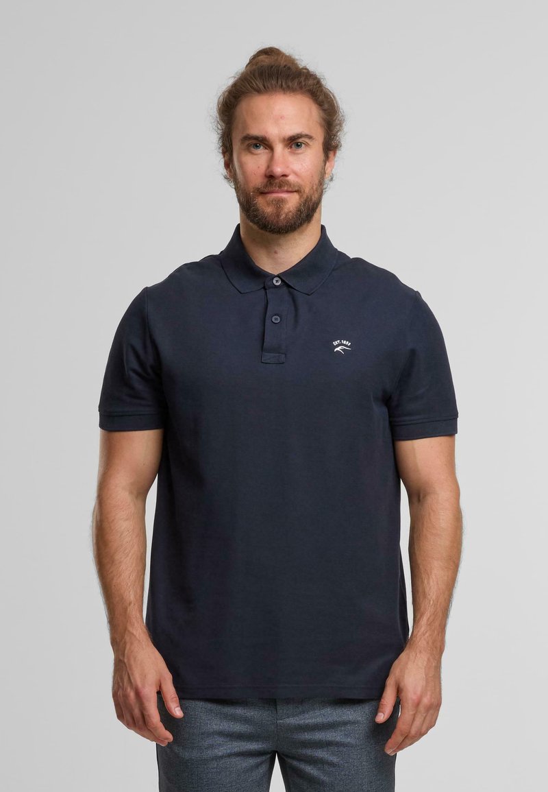 Marineblauw polo-shirt van katoen, met een twee-knopf placket, korte mouwen en een kleine logo-print op de borst.