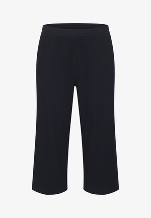 Black cropped pants made of soft, stretchy fabric. Elastic waistband, straight cut, and simple hem without additional patterns or embellishments.