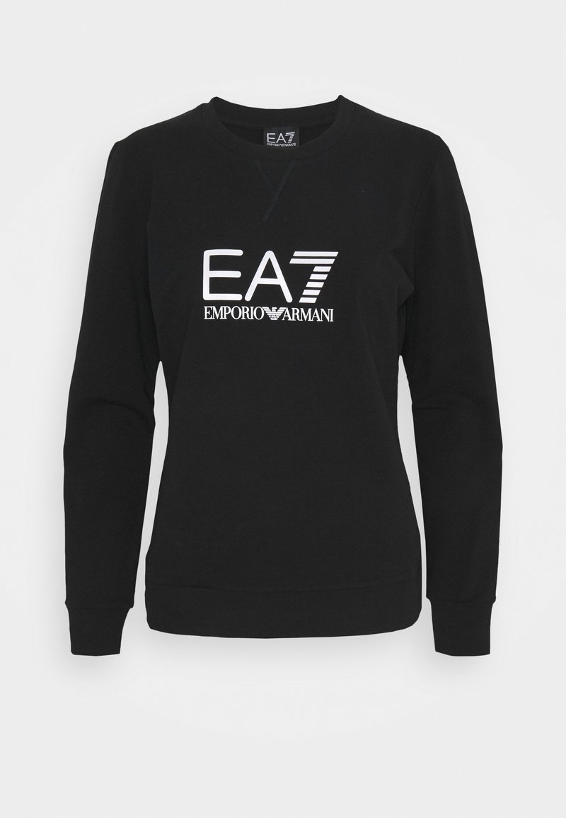 Sweat-shirt noir à manches longues avec logo blanc EA7 Emporio Armani centré sur la poitrine, col rond, poignets et ourlet côtelés.