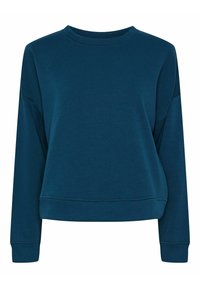 Mörk teal långärmad sweatshirt med rund halsringning, ribbstickade ärmslut och fåll, med en avslappnad passform och nedsänkta axlar.