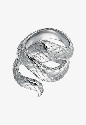 Anillo de plata con un diseño en espiral, escalas texturizadas y un acabado pulido suave. La cabeza y el cuerpo de la serpiente se muestran de manera destacada.