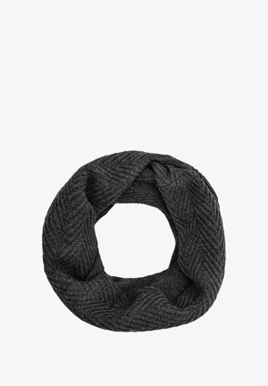 Czarny szalik w kształcie nieskończoności z teksturowanego materiału dzianinowego, z wzorem w jodełkę i bezszwowym okrągłym kształtem.