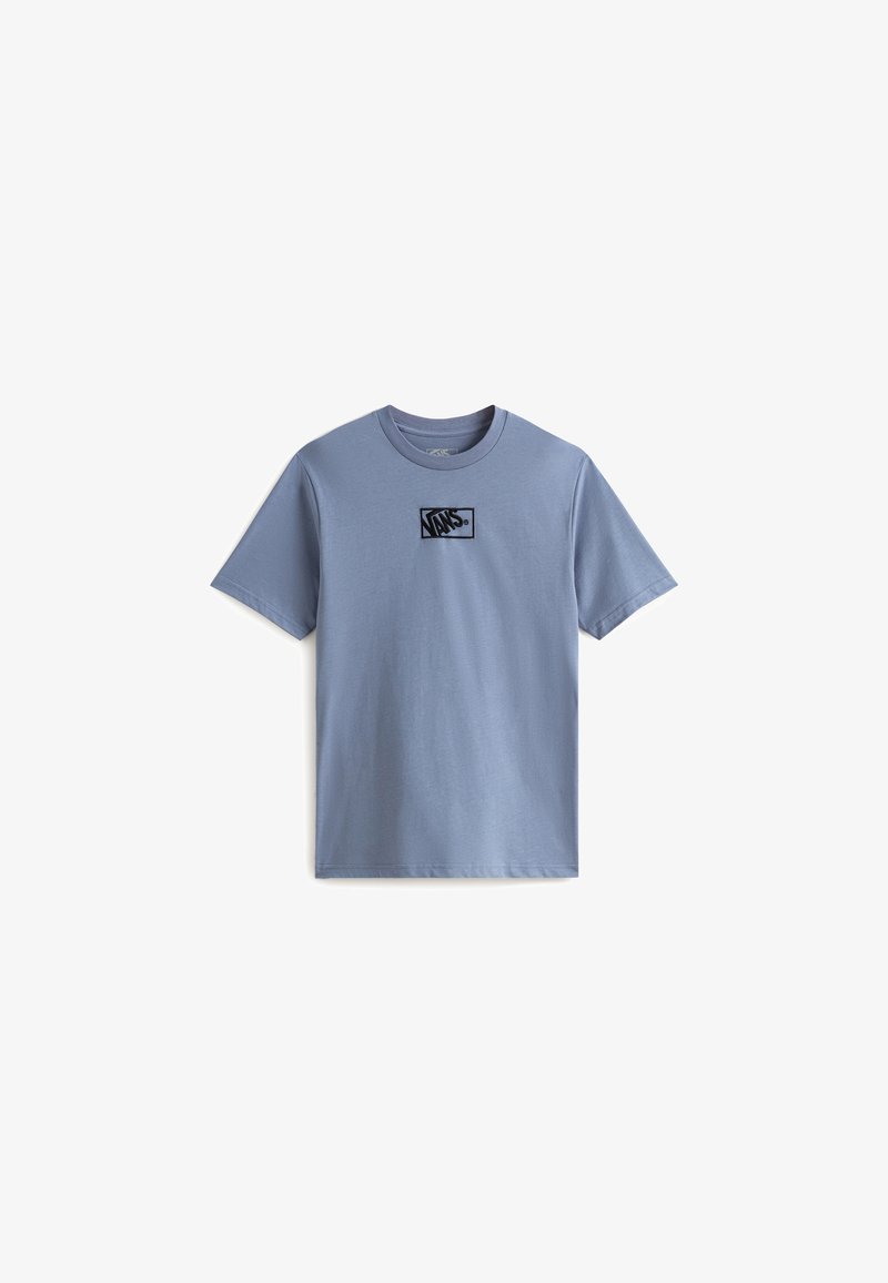 T-shirt en coton bleu clair à manches courtes, avec un logo rectangulaire noir de Vans sur la poitrine. Design classique à col rond.