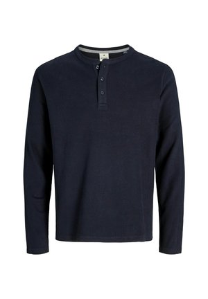 Marineblauw lange mouwen henley-shirt met een drieknoopsluiting en ronde hals.