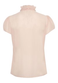Top a maniche corte in chiffon rosa chiaro, con scollo arricciato e maniche morbide e gather. Texture liscia e design fluido.