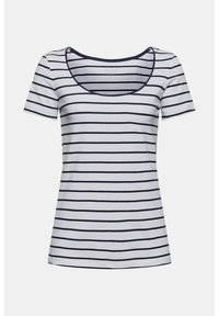 Wit shirt met korte mouwen, voorzien van navyblauwe horizontale strepen en een ronde halslijn.