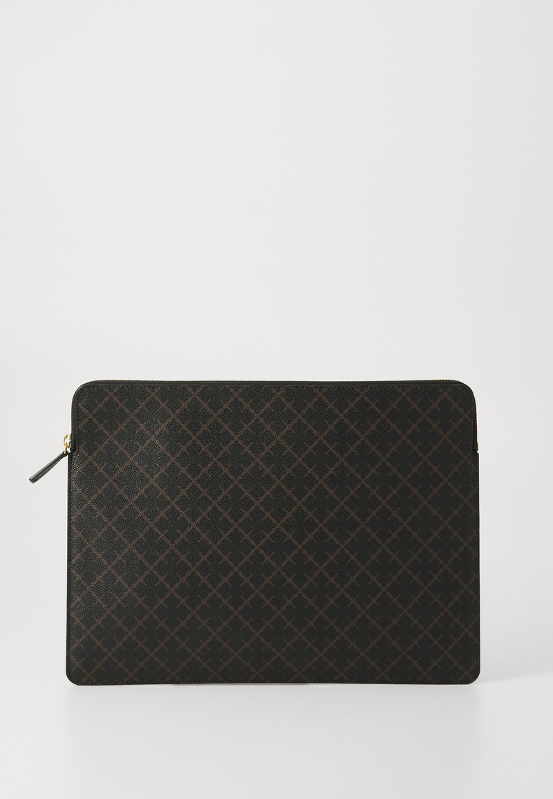Laptop sleeve in black coated canvas, featuring a geometric pattern, zip closure, and gold-toned hardware accents.