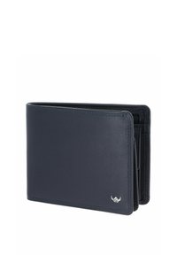 Portefeuille bifold en cuir noir avec des bords cousus, un petit logo argenté dans le coin, présenté légèrement ouvert sur fond blanc.