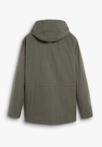 Olive green, hooded jacket with a straight-cut design, featuring a horizontal seam at the back and long sleeves. Made from lightweight fabric.