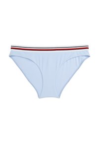 Light blue bikini bottom with a ribbed texture, featuring a white waistband accented with red and black horizontal stripes.