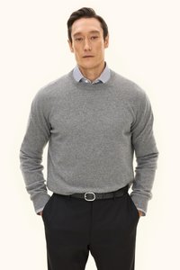 Grauer Wollpullover mit Rundhalsausschnitt und langen Ärmeln, über einem blau-weißen gestreiften Hemd getragen, kombiniert mit schwarzen Hosen und einem Gürtel.
