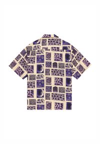 Short-sleeve shirt in cream with a patterned design featuring purple and black squares, incorporating various textures and shapes.