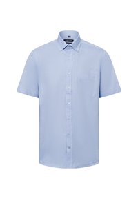 Lichtblauw kortmouw overhemd met knopen, voorzien van een kraag, een borstzak en een gladde textuur met een lichte glans.