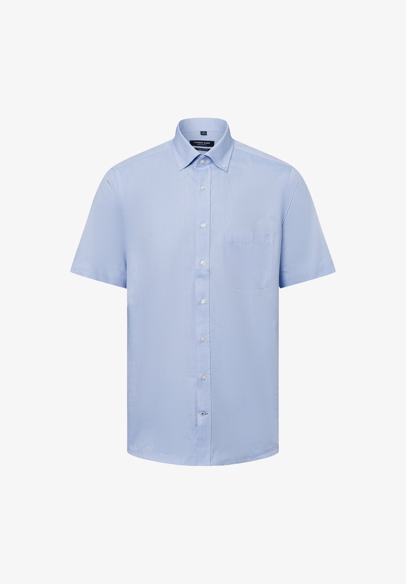 Lichtblauw kortmouw overhemd met knopen, voorzien van een kraag, een borstzak en een gladde textuur met een lichte glans.