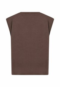 Brown sleeveless top with a relaxed fit. Made from soft fabric, featuring a round neckline and a smooth texture. No visible patterns or accents.