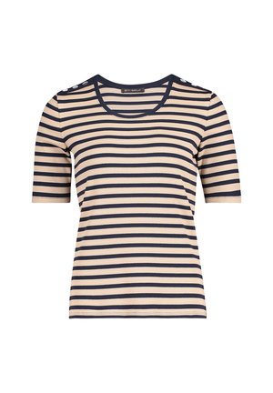Haut à manches courtes rayé beige et marine. Texture côtelée avec un col rond et des boutons décoratifs sur une épaule. Coupe décontractée.
