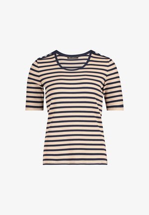 Haut à manches courtes rayé beige et marine. Texture côtelée avec un col rond et des boutons décoratifs sur une épaule. Coupe décontractée.