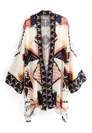 Kimono en tissu léger avec larges manches, comportant des motifs géométriques et tribaux colorés en noir, rose, jaune et bleu.