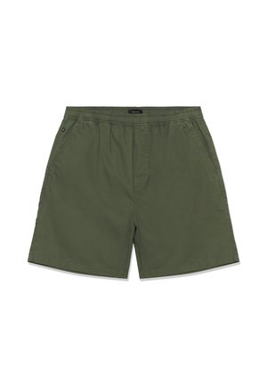 Olijfgroene casual heren short met elastische tailleband, zijzakken en rechte zoom.