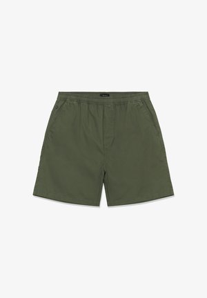Pantaloncini casual da uomo verde oliva con vita elastica, tasche laterali e orlo dritto.