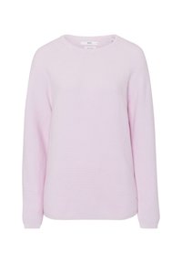 Ljusrosa långärmad bomullströja med rund hals och subtil ribbad textur, storlek 38, uppvisad på vit bakgrund.