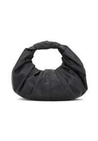 Černá nylonová taška přes rameno s kulatou uzlovou rukojetí, s pokleslým designem a skladovanou texturou, zdůrazňuj�ící jednoduchost a univerzálnost.