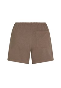 Braune Baumwollshorts mit elastischem Bund, ausgestattet mit einer einzelnen Gesäßtasche und einem schlichten Design. Weicher Stoff, Oberschenkel-lange.