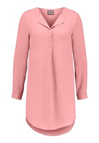 Blouse rose à manches longues avec col, patte de boutonnage à moitié ouverte et ourlet cintré. Fabriquée en tissu lisse et léger avec une légère brillance.