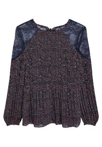 Blusa blu navale con pois bianchi e rossi, colletto in pizzo, maniche lunghe, vita arricciata e dettaglio a apertura a chiave sulla schiena. Tessuto morbido e leggero.