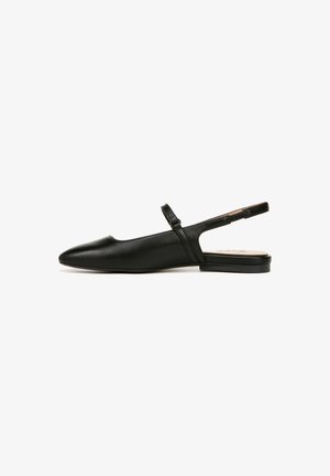 Black leather slingback shoe with a pointed toe, flat sole, and a slender adjustable strap across the ankle. Smooth texture, minimalistic design.