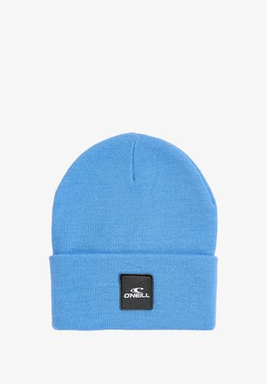 Modrá pletená čepice s ohnutým lemem a obdélníkovou černou nášivkou s brandem "O'Neill" v bílé barvě. Hladká textura.