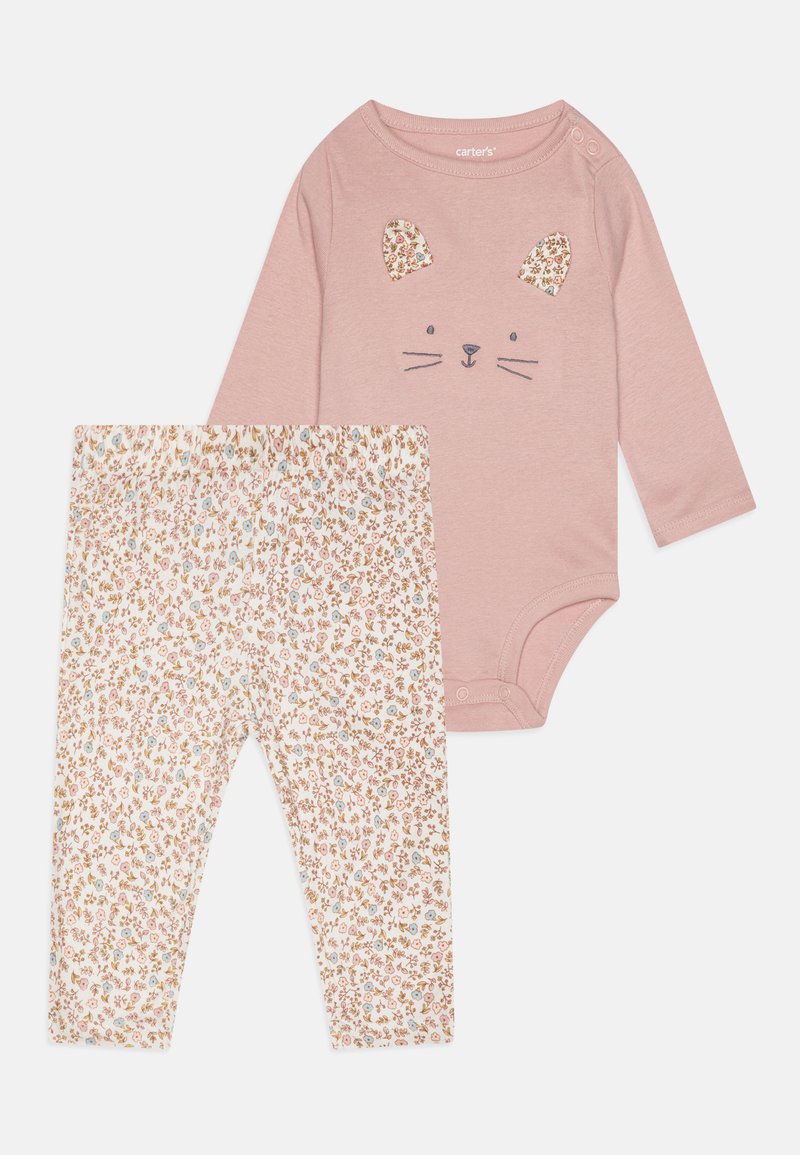 Rosa Langarm-Bodysuit mit Katzen Gesicht Design und Leggings mit Blumenmuster in verschiedenen Pink-, Blau- und Cremetönen.