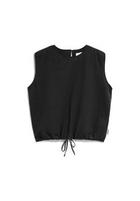 Black sleeveless top with a textured fabric, round neckline, and drawstring at the hem for adjustable fit. Back features a small keyhole.