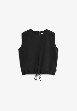 Schwarzes ärmelloses Oberteil aus strukturierter Stoffqualität, mit rundem Halsausschnitt und Kordelzug am Saum für eine verstellbare Passform. Der Rücken verfügt über ein kleines Schlüsselloch.
